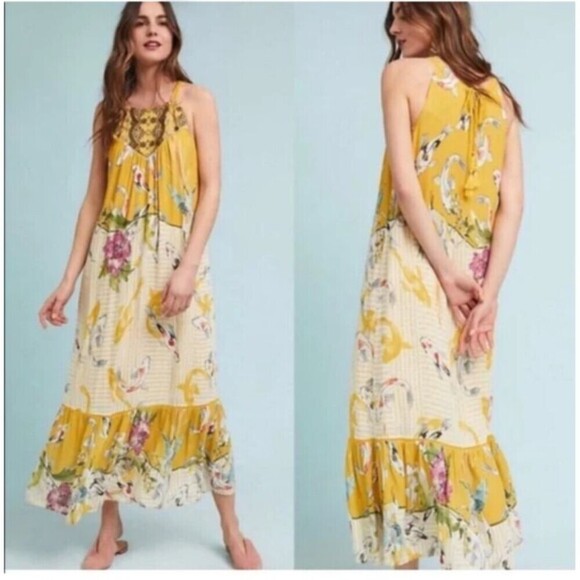 Anthropologie One September Womens Paradiso Koy Fish Maxi Dress Small Yellow - Picture 2 of 13
